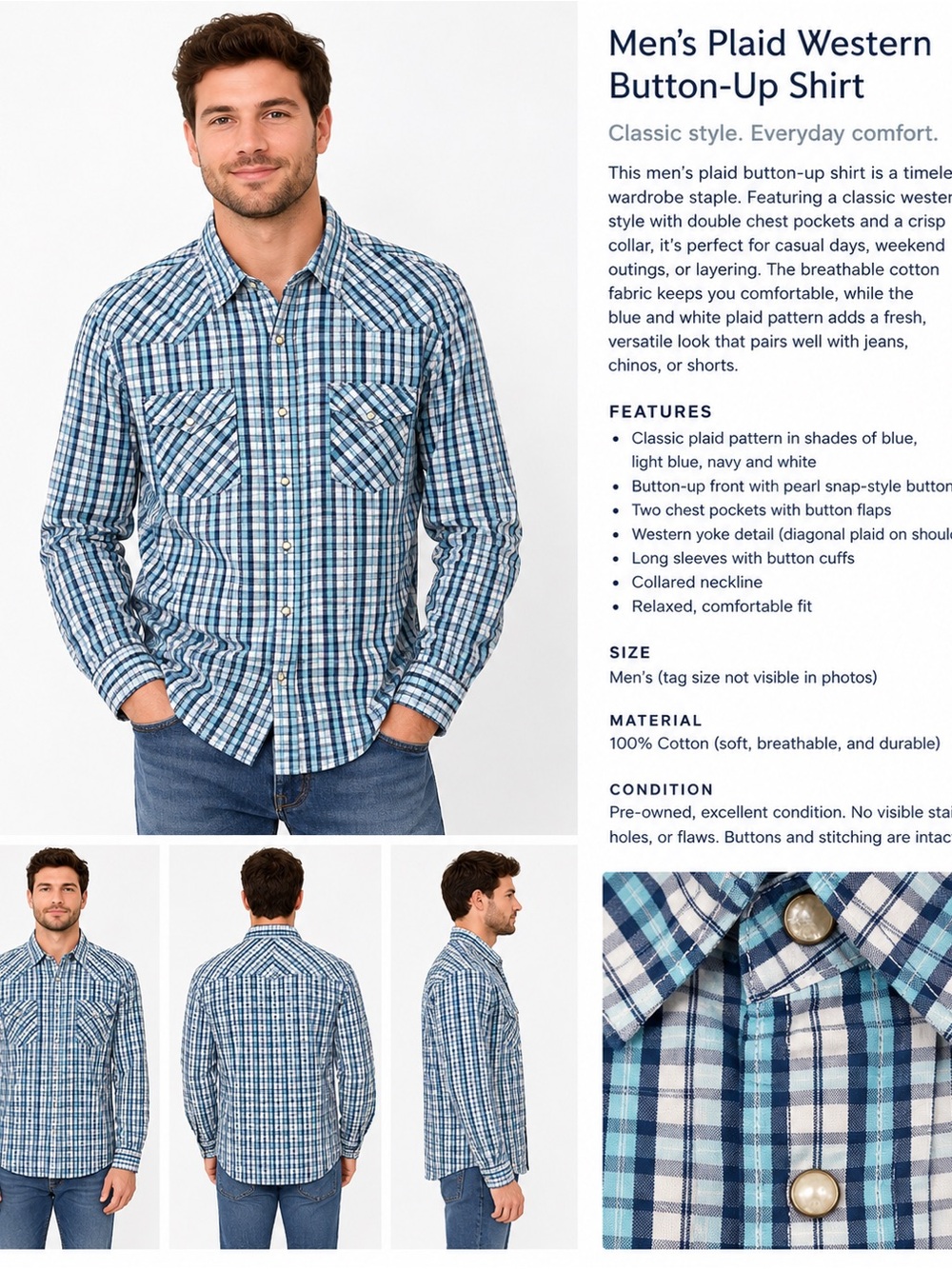 Aeropostale Men's Blue Plaid Western Pearl Snap Buttons Button-Up Shirt Large